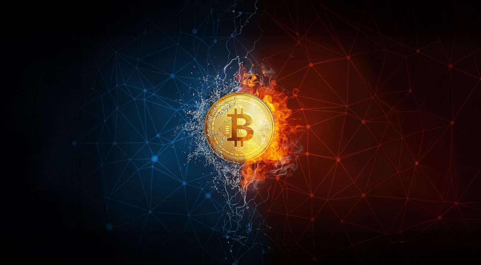 A gold Bitcoin coin between blue ice and orange fire.