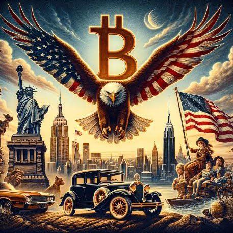 An eagle with American-flag wings soaring over the Statue of Liberty, the Empire State Building and a vintage car, beneath a large Bitcoin symbol.