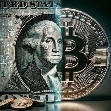 A one-dollar bill with George Washington’s portrait blended into a Bitcoin coin, with coins in the foreground.