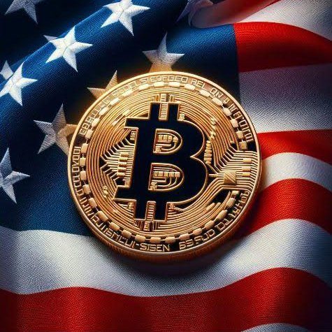 A gold Bitcoin coin resting on an American flag.
