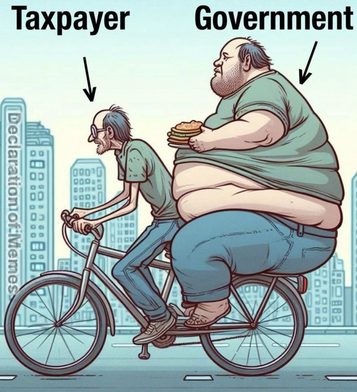 Cartoon: a thin man labeled “Taxpayer” pedals a bicycle while a heavy man labeled “Government” rides behind him, eating.