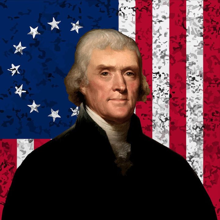 Portrait of Thomas Jefferson in front of an American flag.