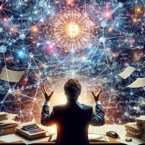 A person at a desk covered with papers and a calculator, arms raised before a glowing web of data and formulas with a Bitcoin symbol at its center.