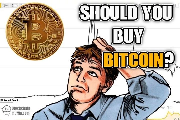 Comic of a confused man scratching his head beside a gold Bitcoin coin, captioned “Should you buy Bitcoin?”